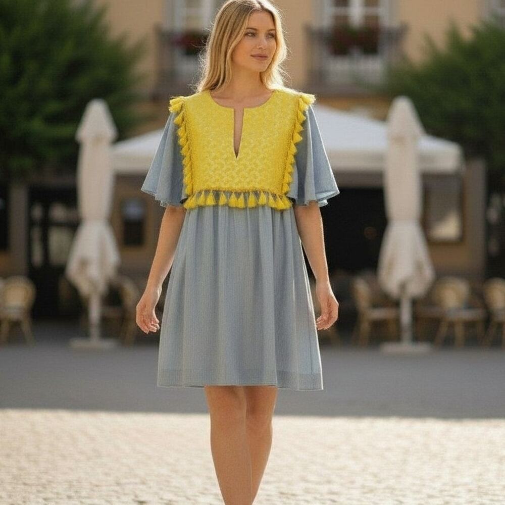 Elaine Turner Blue Tencel‎ Embroidered Mini Dress Sz S Bell Sleeves NWT